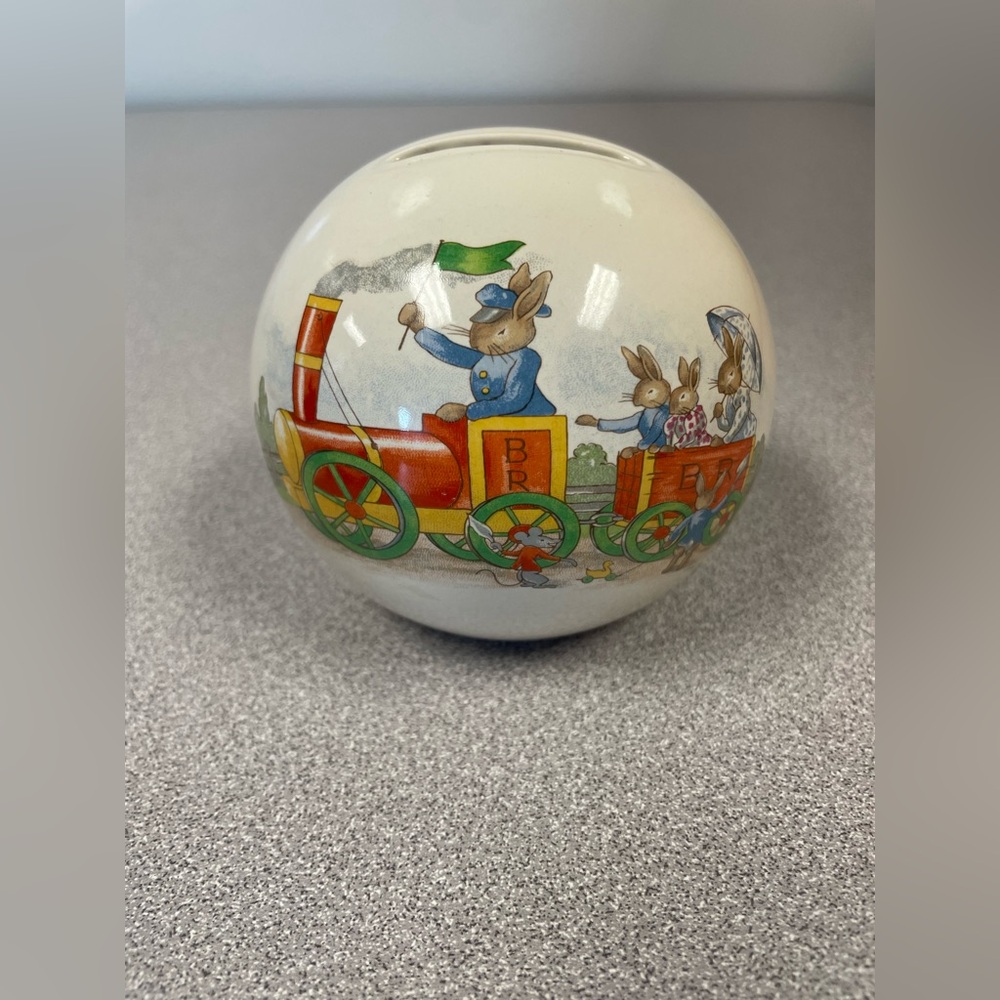 Vingtage Royal Doulton Ceramic Child's Bank Ball Bunnykins with Train Scene
